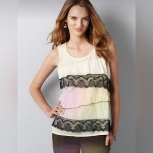 LOFT Cream and Black Tiered Lace Tank Top.  NWOT M.